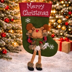 Handmade Christmas Stocking Farmhouse Reindeer Plaid & Fur Felt & Canvas 17"